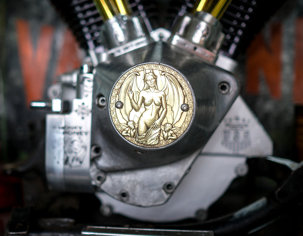Thumbnail: Sexy She Devil Demon Middle Finger Brass Timing Points Cover Cone Shovelhead Evo