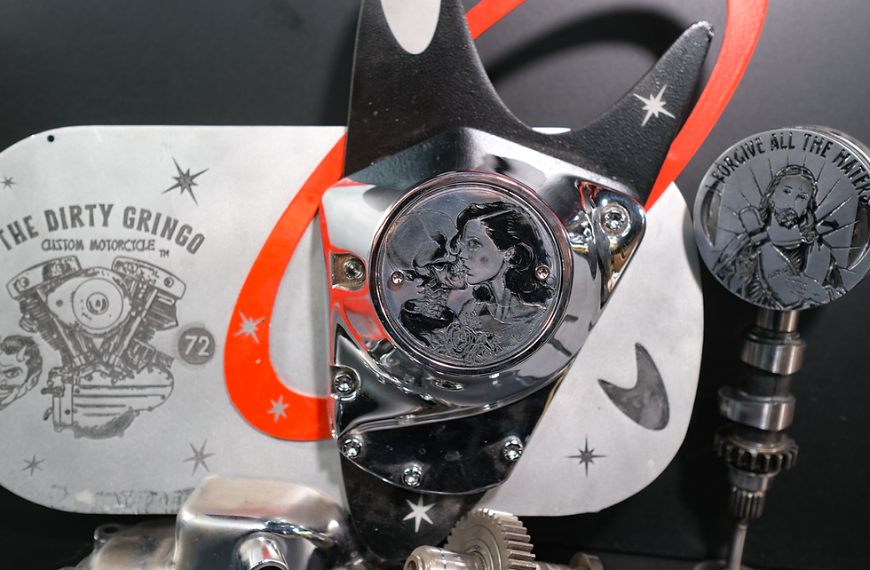 Thumbnail: Devil's Embrace Flash Tattoo Shovelhead Evo Brass Timing Cover Harley Davidson