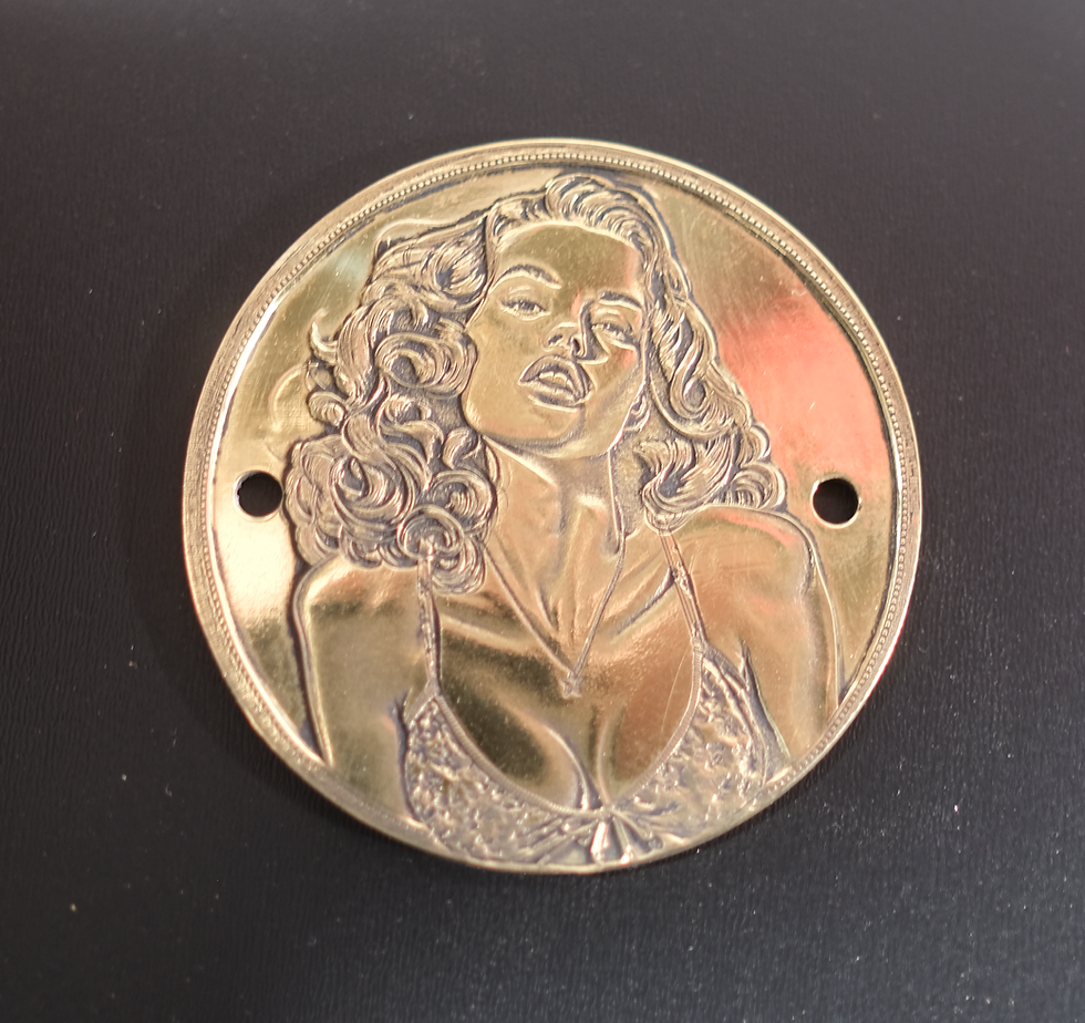 Thumbnail: WWII Bomber Nose art Pinup Shovelhead Evo Brass Timing Cover Harley Davidson