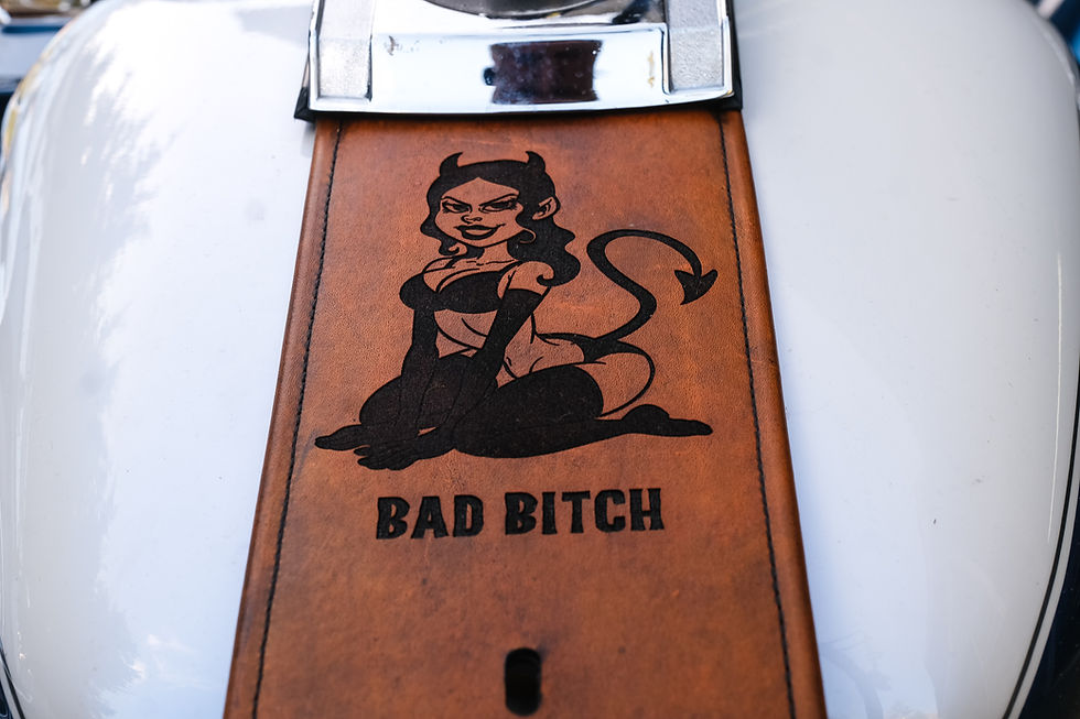 Thumbnail: Tan Leather Bad Bitch Fuel Gas Tank Panel Bib She Devil Fits Harley Davidson