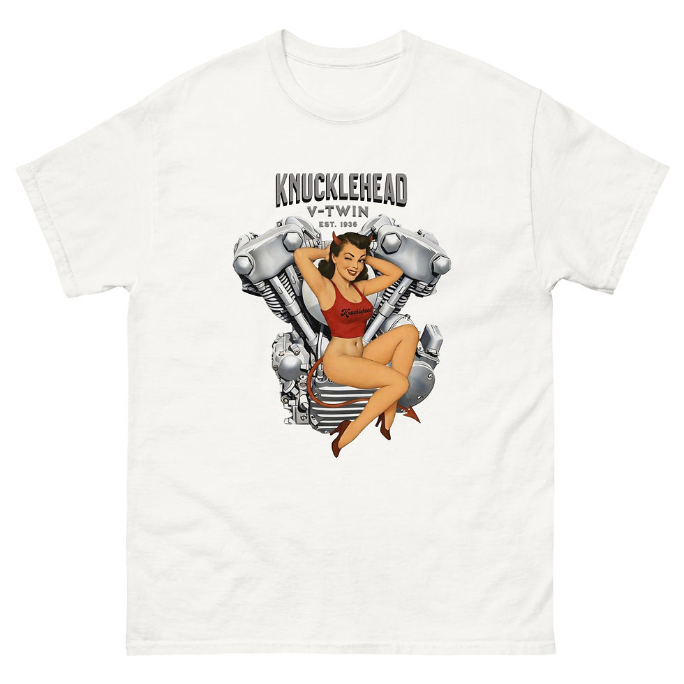 Thumbnail: Classic Knucklehead V-Twin Engine Pinup Devil Girl Retro Unisex classic tee