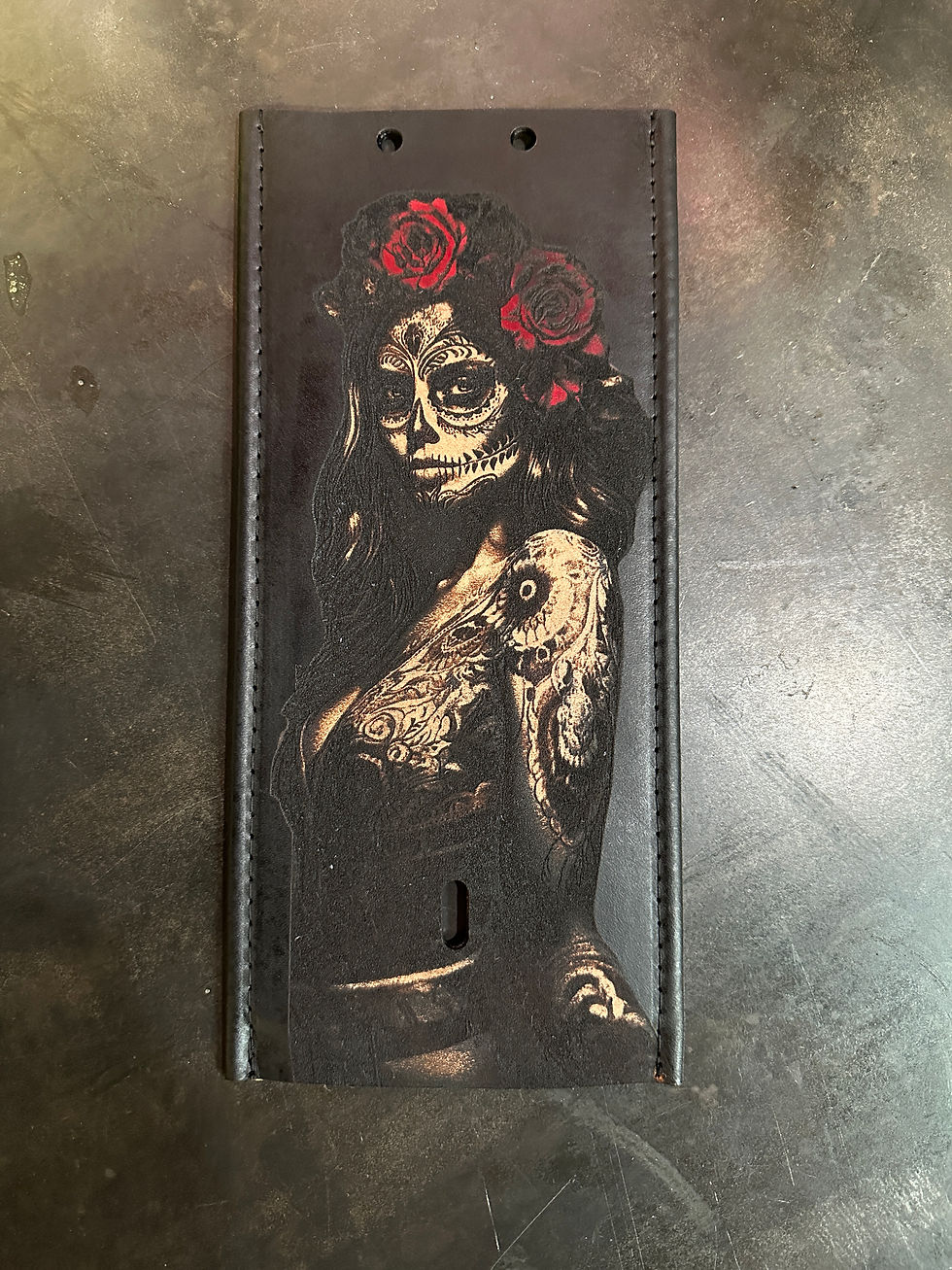 Thumbnail: Hot Red Rose Sugar Skull Pinup Gas Tank Leather Panel Bib Black Harley Davidson