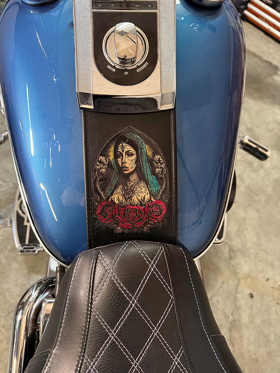 Thumbnail: Latin Virgin Mary Chicana Vicla Harley Davidson Leather Gas Tank Panel Bib