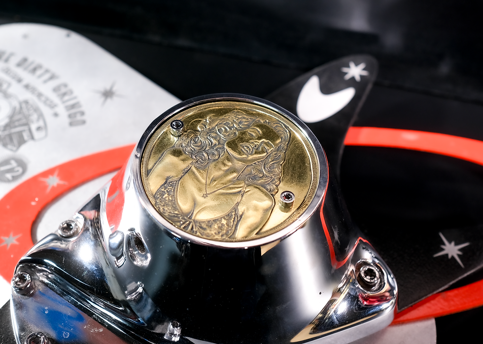Thumbnail: WWII Bomber Nose art Pinup Shovelhead Evo Brass Timing Cover Harley Davidson