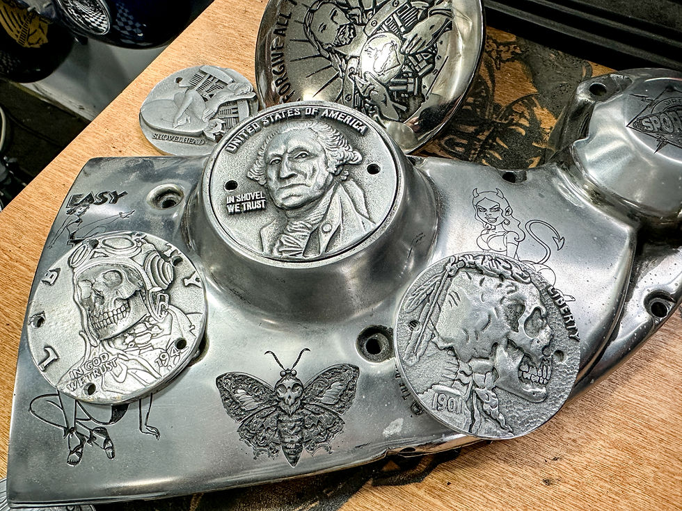 Thumbnail: Gilroy Indian Motorcycle Skull Chief Carved Buffalo Nickel Points Timing Cover