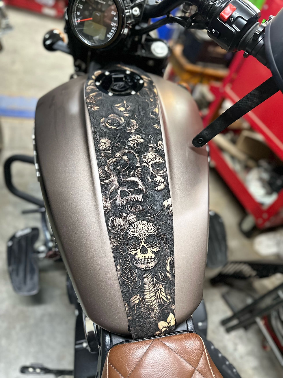 Thumbnail: Leather Indian Scout Black + Highlights Day Of Dead Motorcycle Gas Tank Bib A5