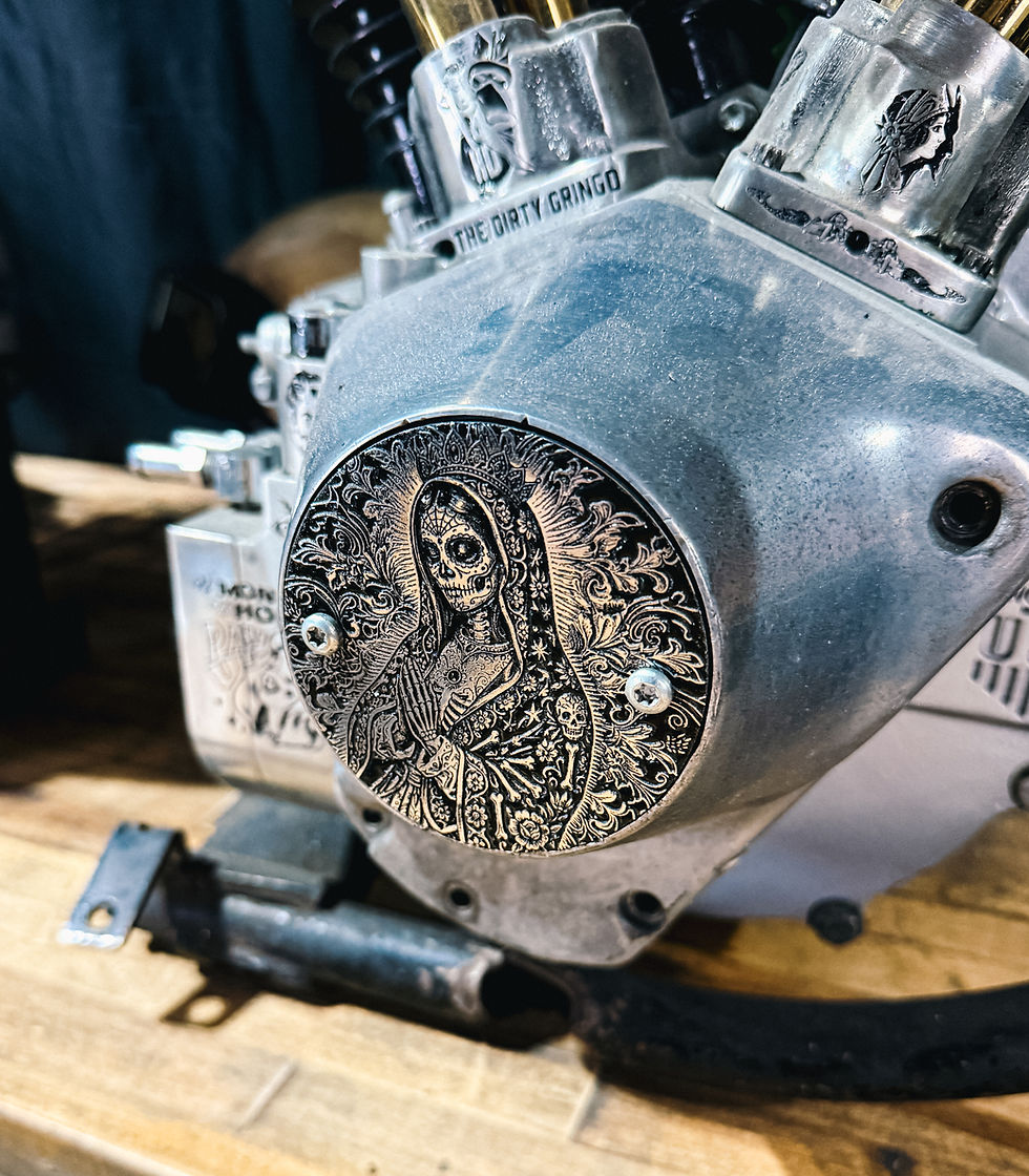 Thumbnail: Engraved Holy Mother Dia de Muertos Timing Cover Harley Davidson Shovel Evo