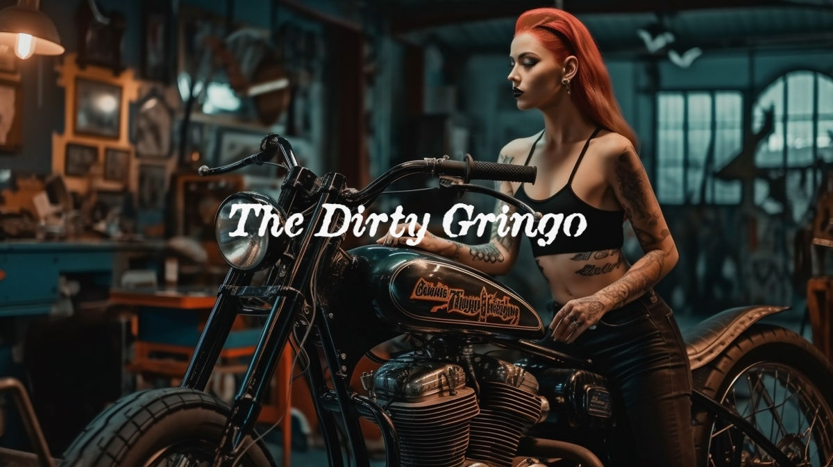 V93 Sexy Model in Vintage Motorcycle Repair Shop Custom Digital High Res