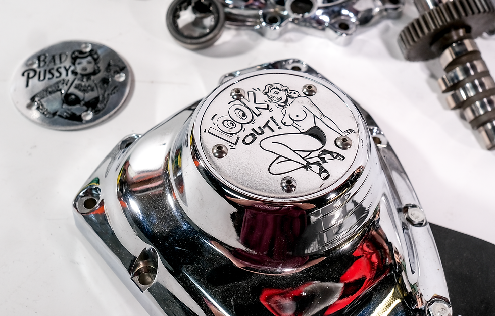 Thumbnail: Custom Engraved Timing Points Cover Lookout Pinup Flash Tattoo Harley Twin Cam