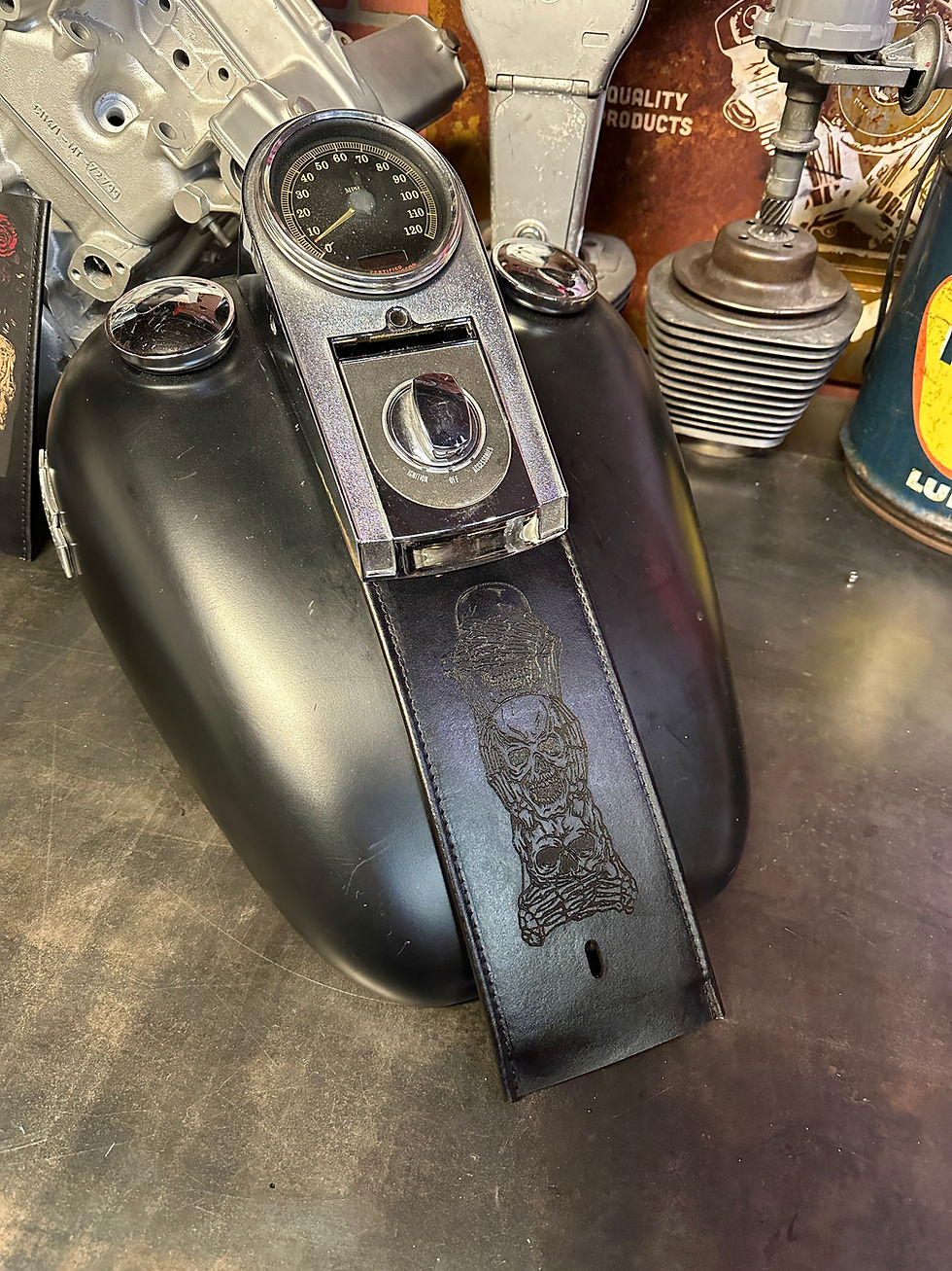 Thumbnail: Hear Speak See No Evil Biker Black Harley Davidson Leather Gas Tank Panel Bib S