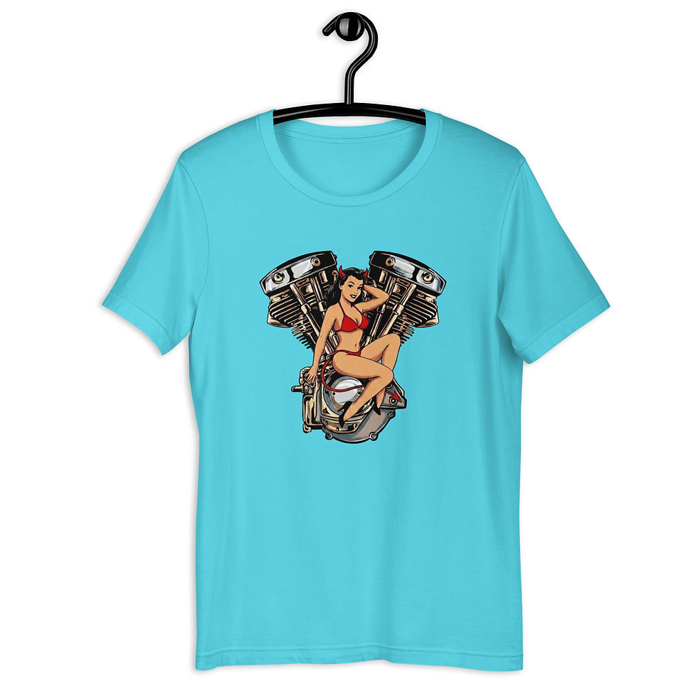 Thumbnail: Retro Shovelhead Devil Pinup Flash Tattoo Motorcycle Biker  Unisex t-shirt