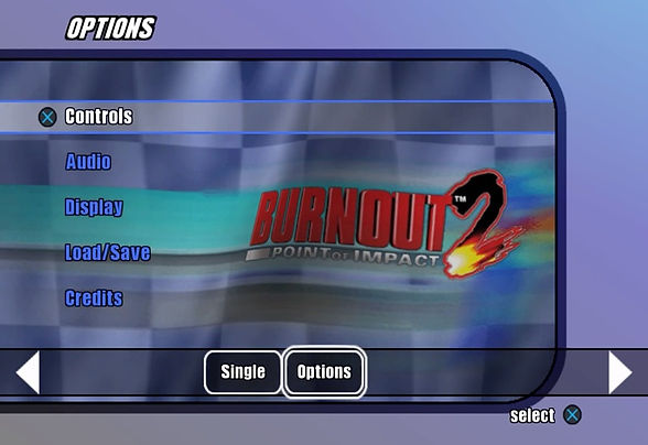 Burnout 2, Point of Impact, PlayStation 2, menu