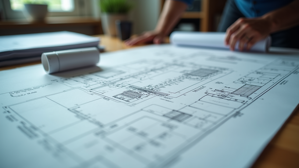 Eye-level view of a detailed engineering blueprint on a drafting table