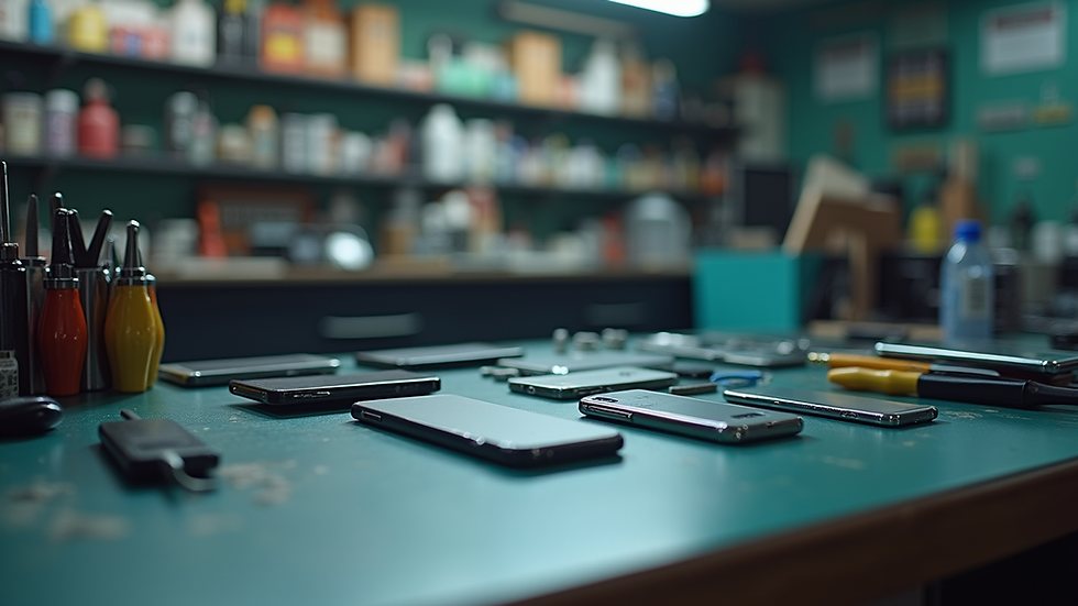 Eye-level view of a smartphone repair shop counter with tools neatly arranged