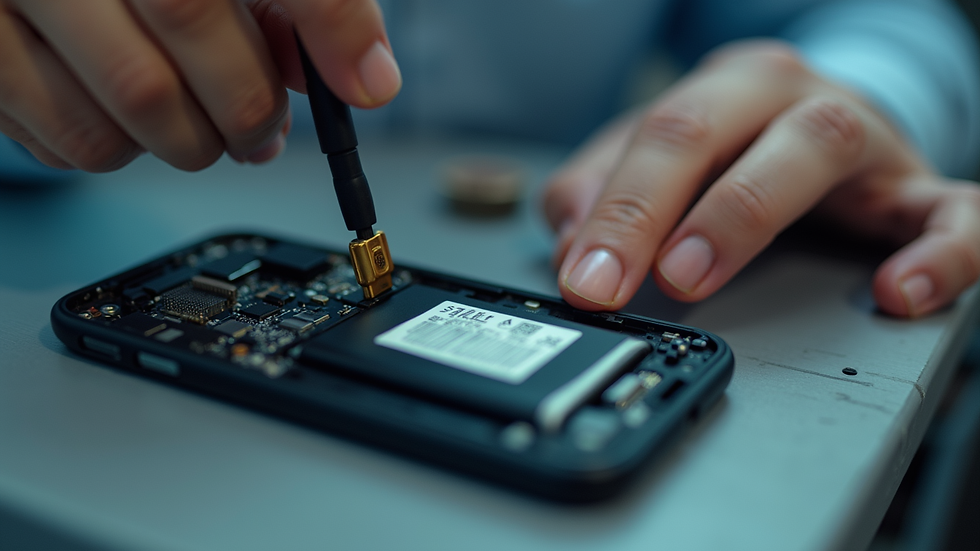 Close-up view of a smartphone technician replacing a battery inside a phone