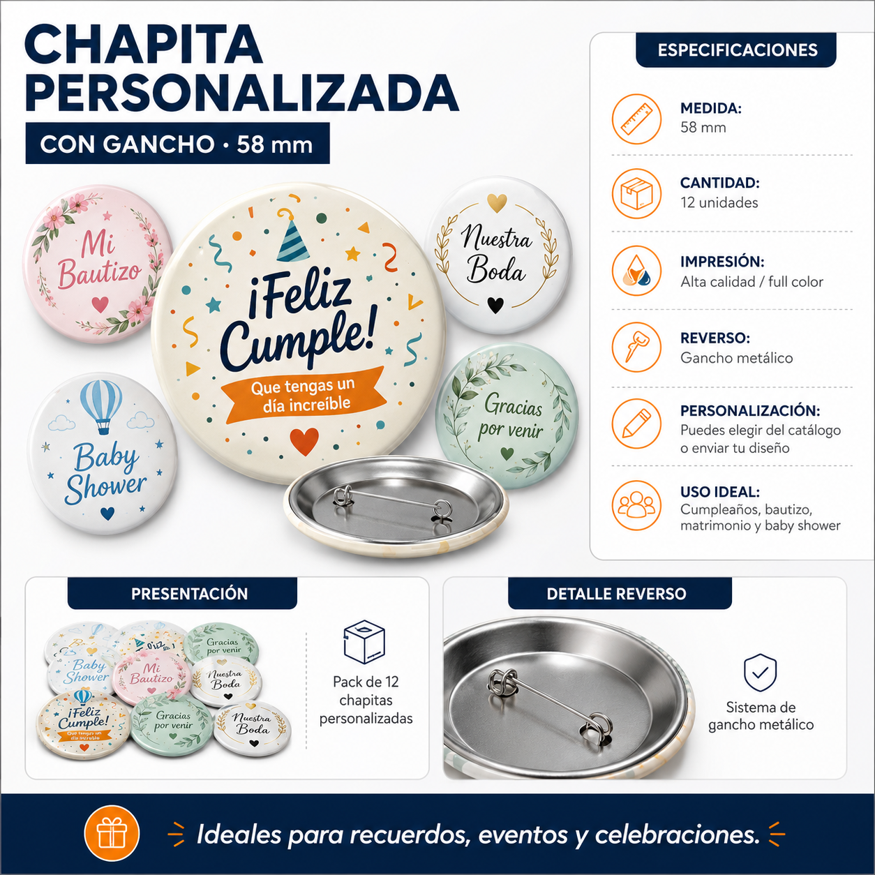 Chapita con gancho 58 mm (Docena)