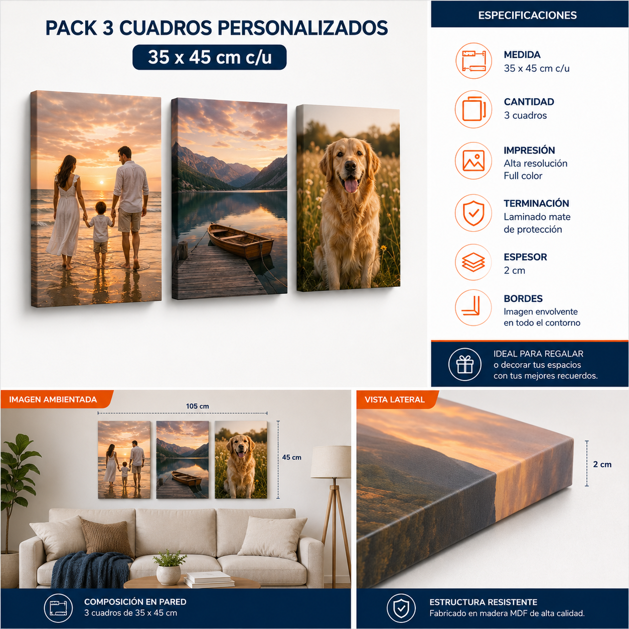 3 Cuadros Personalizados 35x45