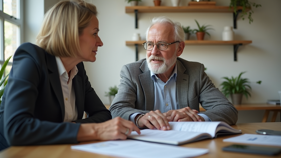 Eye-level view of a senior couple discussing estate planning