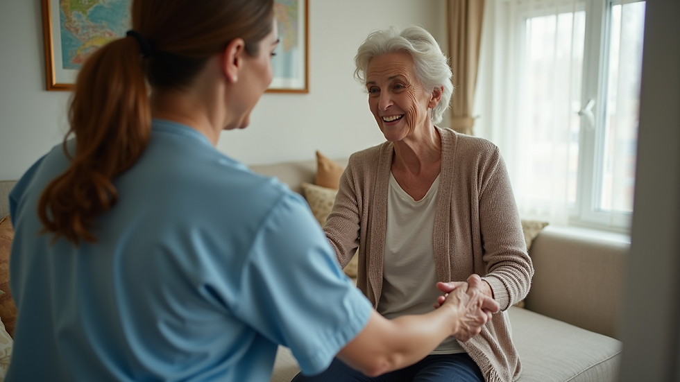 Eye-level view of a caregiver assisting an elderly woman in her home
