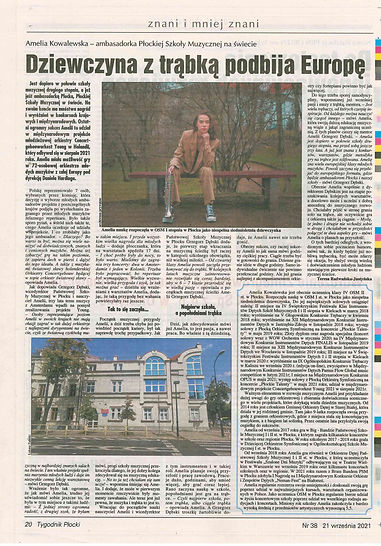 Skan strony z "Tygodnika Płockiego" z artykułem "Dziewczyna z trąbką podbija Europę".