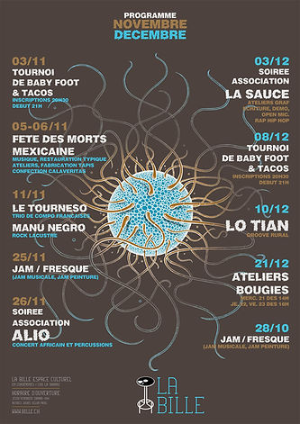 Affiche et flyer pour laprogramation de La Bille espace culturel, dessin au feutre, mise en couleur photoshop