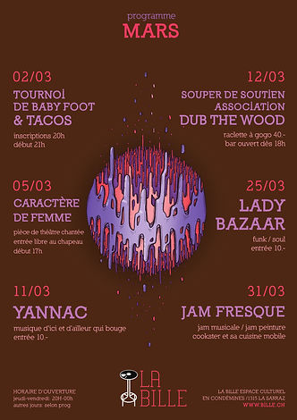 Affiche et flyer pour laprogramation de La Bille espace culturel, dessin au feutre, mise en couleur photoshop