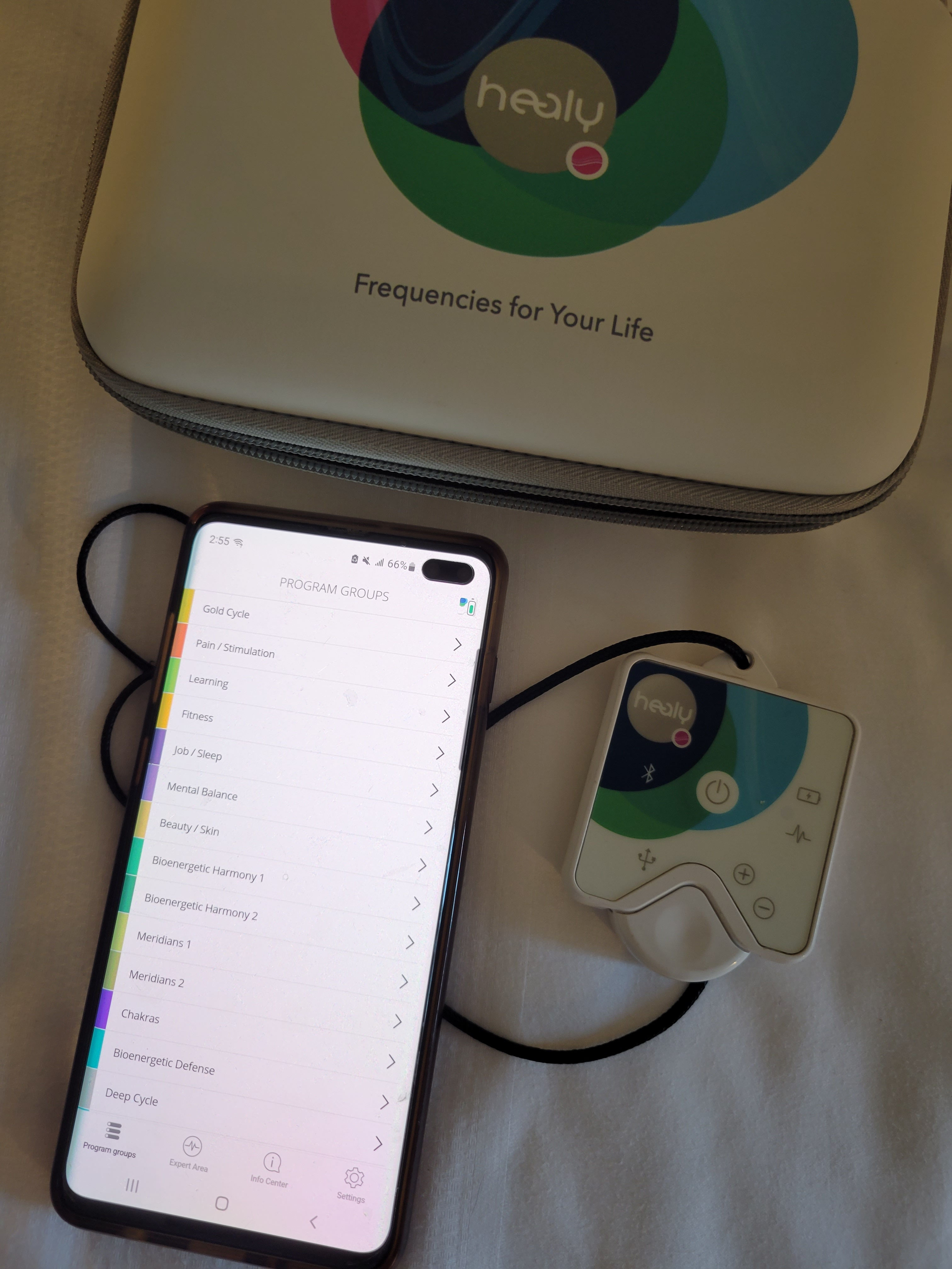 Healy device and phone for virtual session.