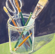 brushes in a glass jar gouache still life