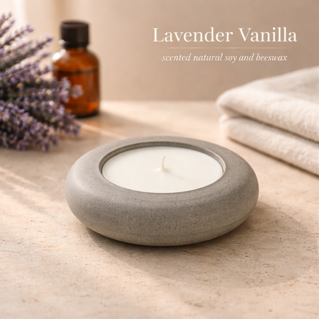 Sage Stone Concrete Candle – Lavender Vanilla Scented | Handmade & Candle Holder