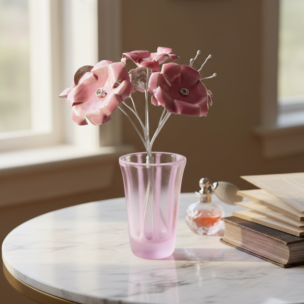 Recycled Beer Cap Flower Bouquet in Hand-painted Miniature Vase