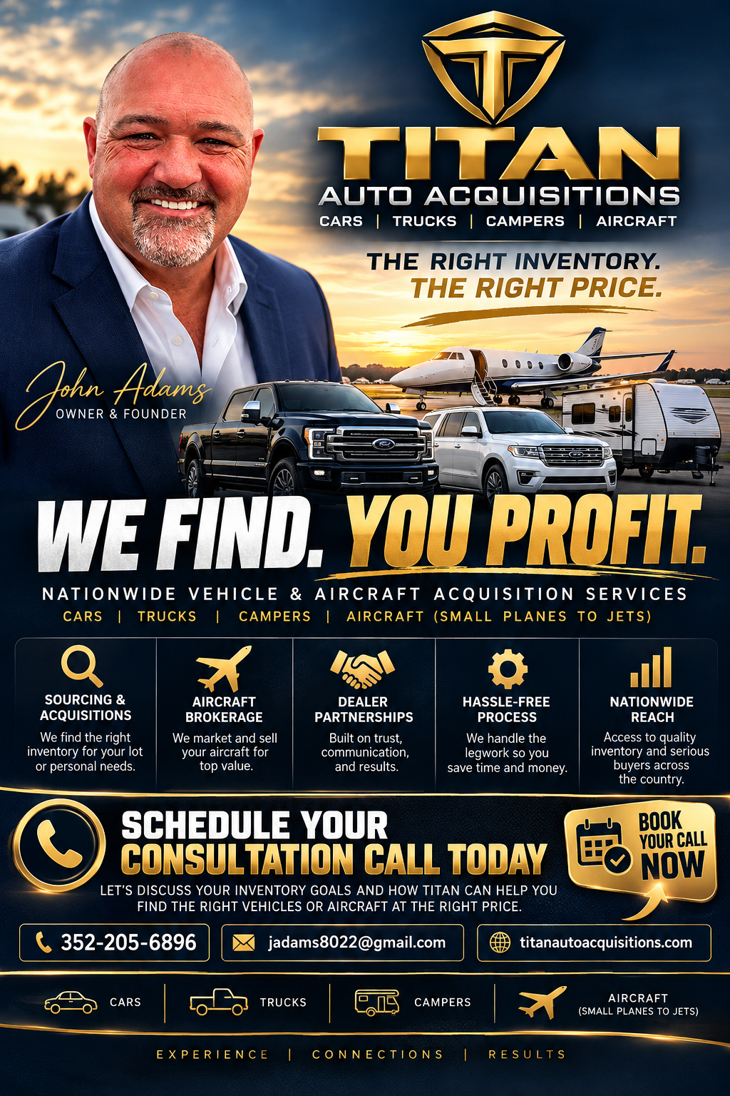 Titan Auto Acquisitions consultation flyer featuring founder John Adams, vehicle sourcing and aircraft brokerage services