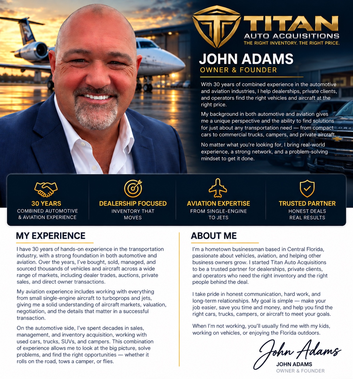 John Adams, founder of Titan Auto Acquisitions — 30 years of combined automotive and aviation experience