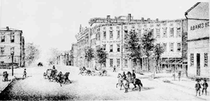 Historic circa 1880 view of First National Bank of McConnelsville on the town square in McConnelsville, Ohio, with horse-drawn carriages and downtown buildings.