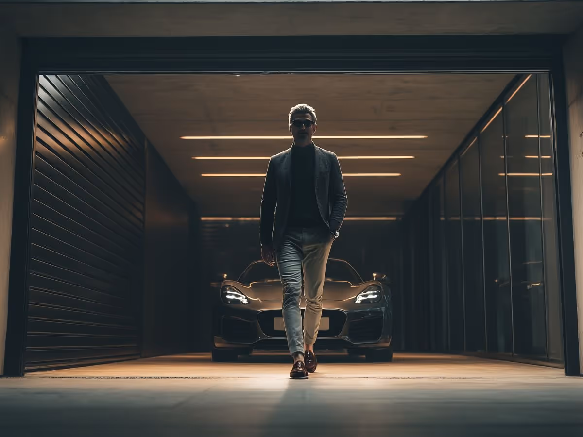A man walks out of a garage, and a sport car is parked behind him.