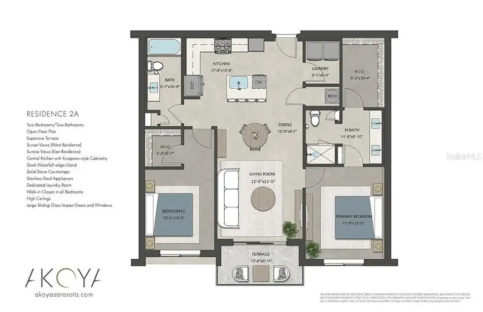 Akoya Luxury Condo in Sarasota. Floor plan of a two-bedroom residence.