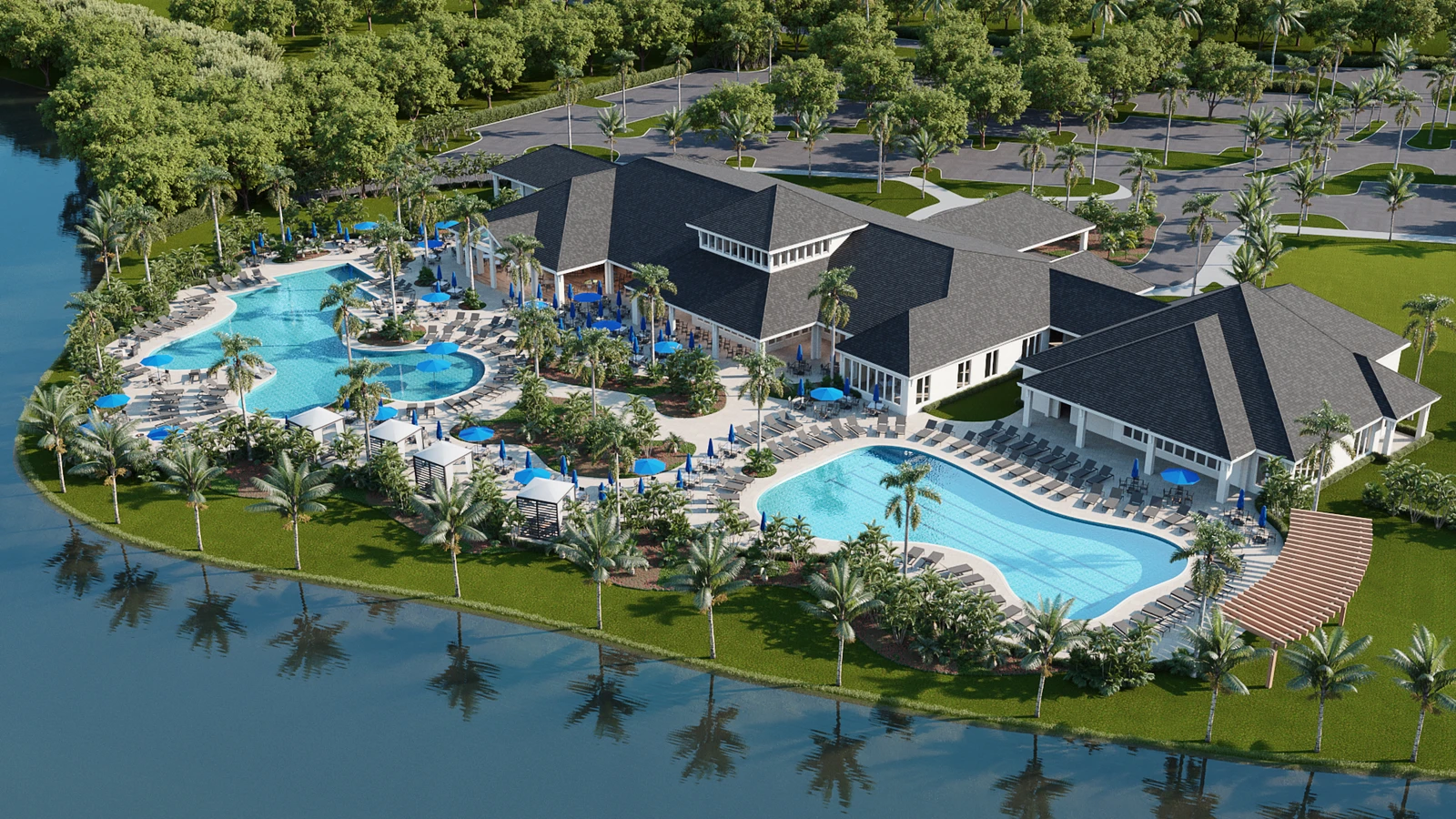 A tropical, resort-style swimmin pool.