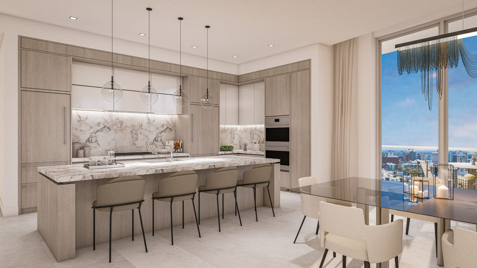 Spacious modern luxury kitchen, island seating, dining area, bay view.