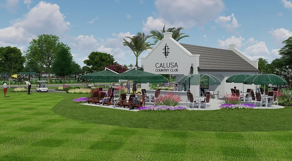 People relax under green umbrellas at Calusa Country Club patio beside a golf course, with lawns, palms, and flowers.