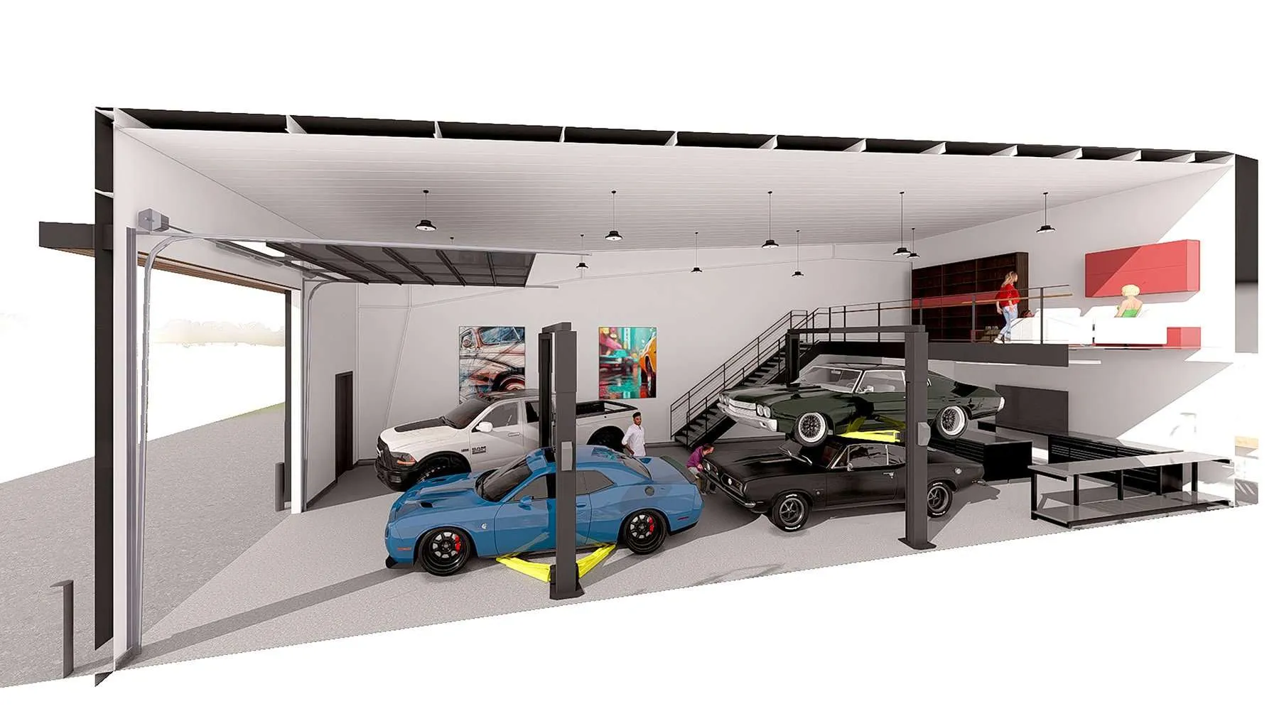 A four-car garage with office and seating diagram is pictured.