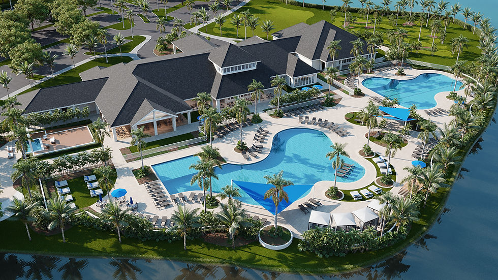 Aerial view of a resort with blue pools, palm trees, and sun loungers. Building with dark roofs, surrounded by lush greenery and a small lake.