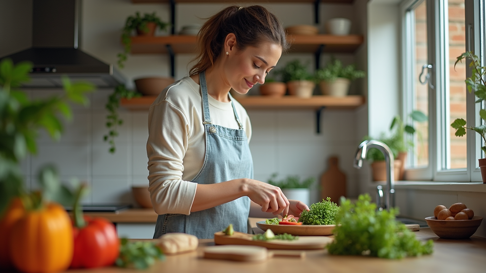 Eye-level view of a woman preparing a healthy meal in a kitchen