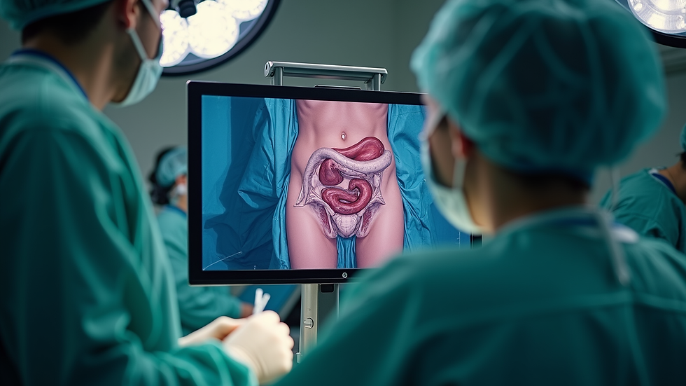 Close-up view of laparoscopic surgery monitor showing pelvic organs
