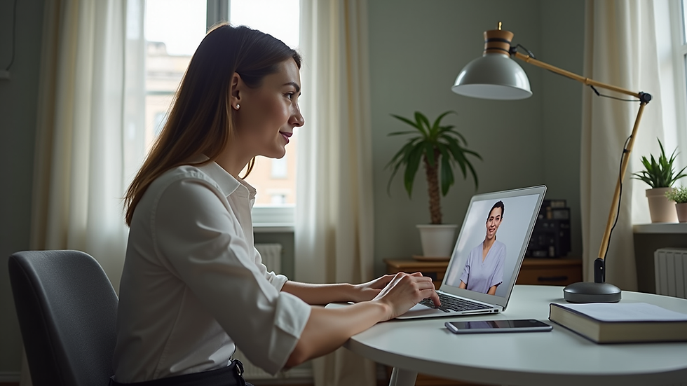 Eye-level view of a woman using a laptop for a video consultation
