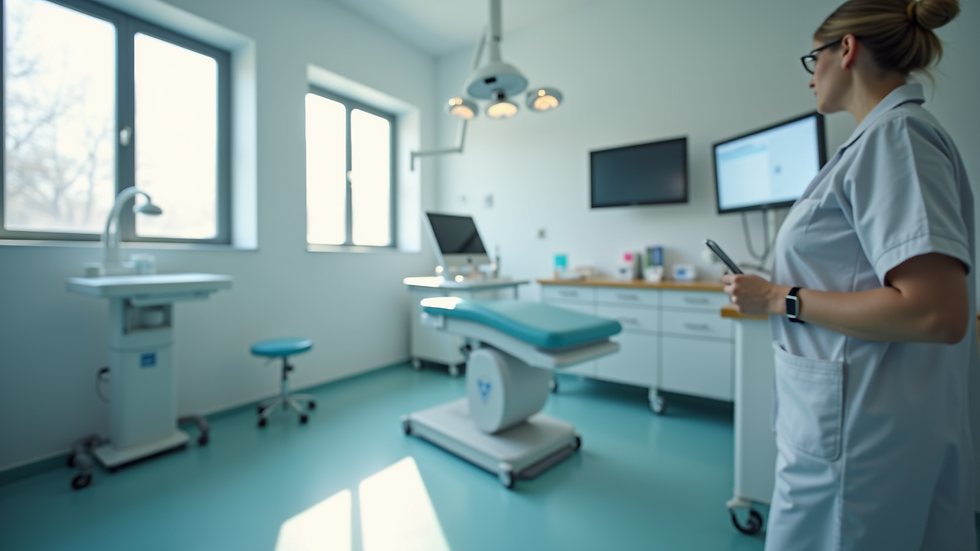 Eye-level view of a medical consultation room with gynecological equipment