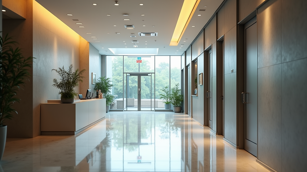 Eye-level view of a modern hospital reception area in Kolkata