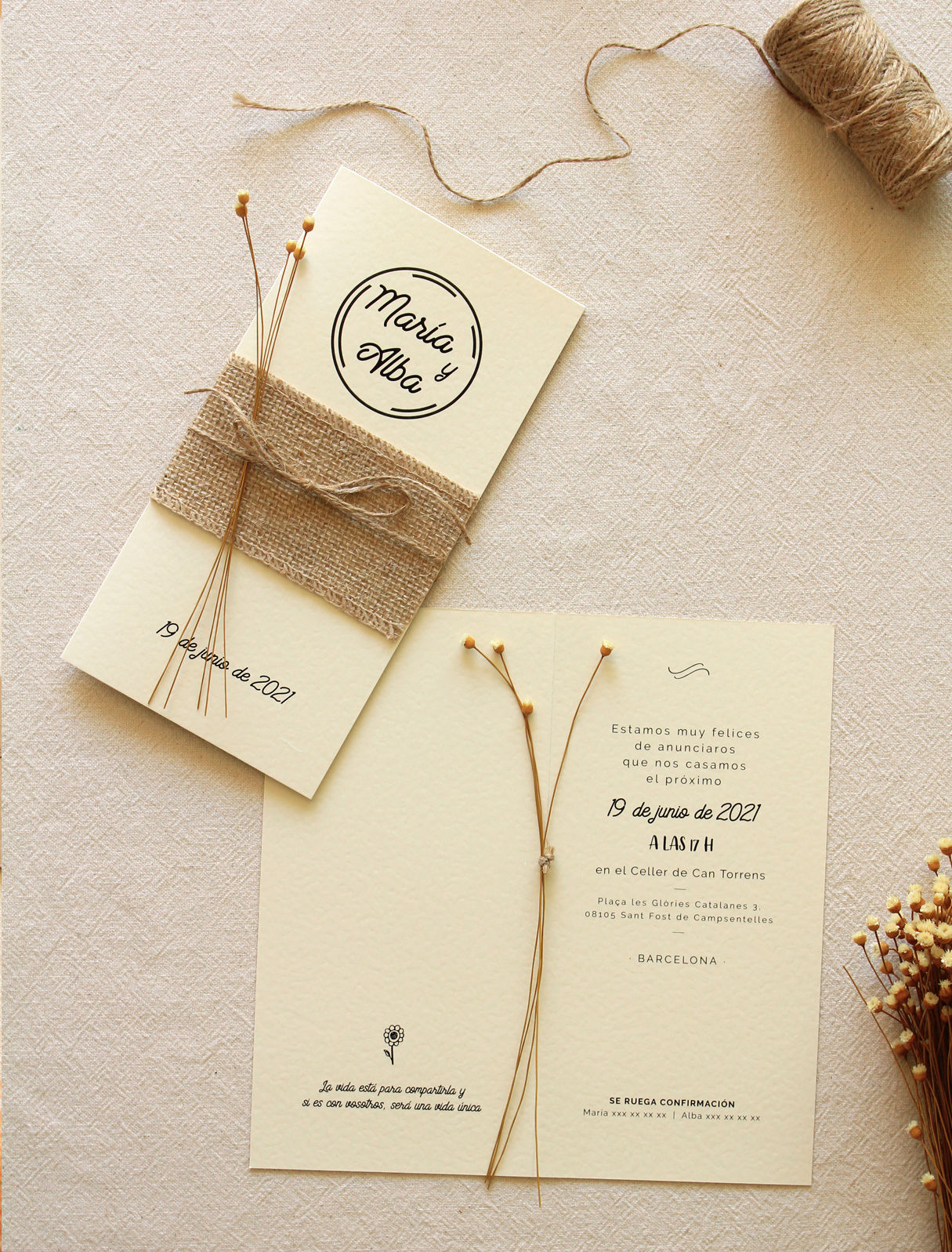 Invitación "rustic cuerda maría"