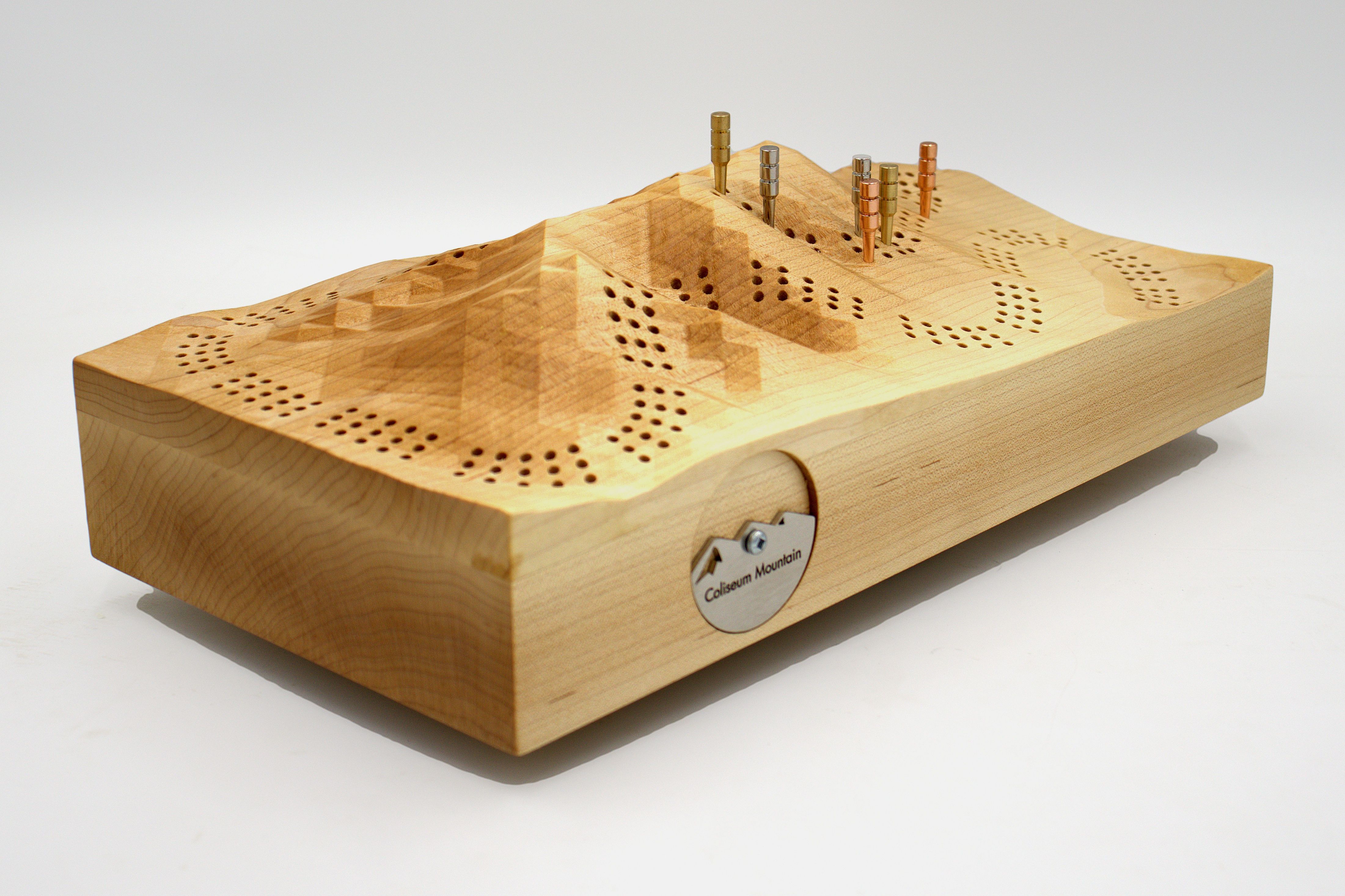 Coliseum topographic cribbage board in maple, front-right view