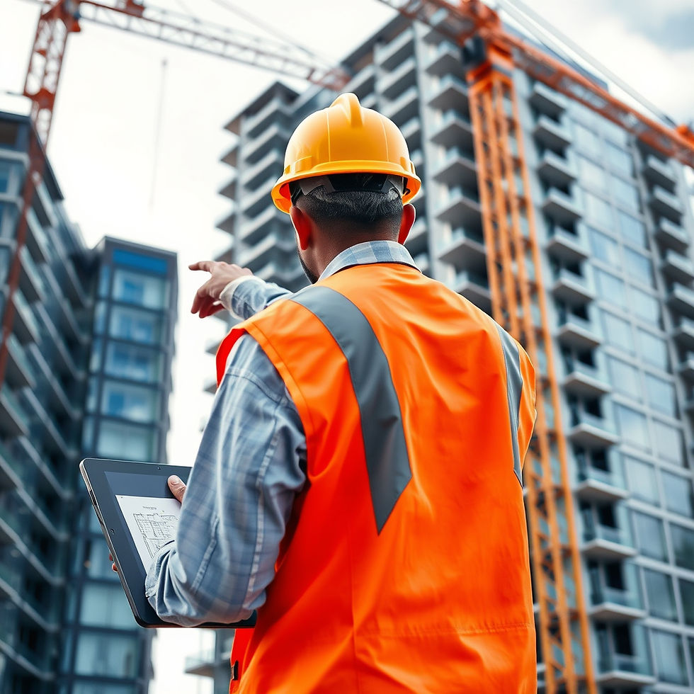 _Dramatic back angle shot of a construction supervisor (mixed-race, 40s) pointing toward t
