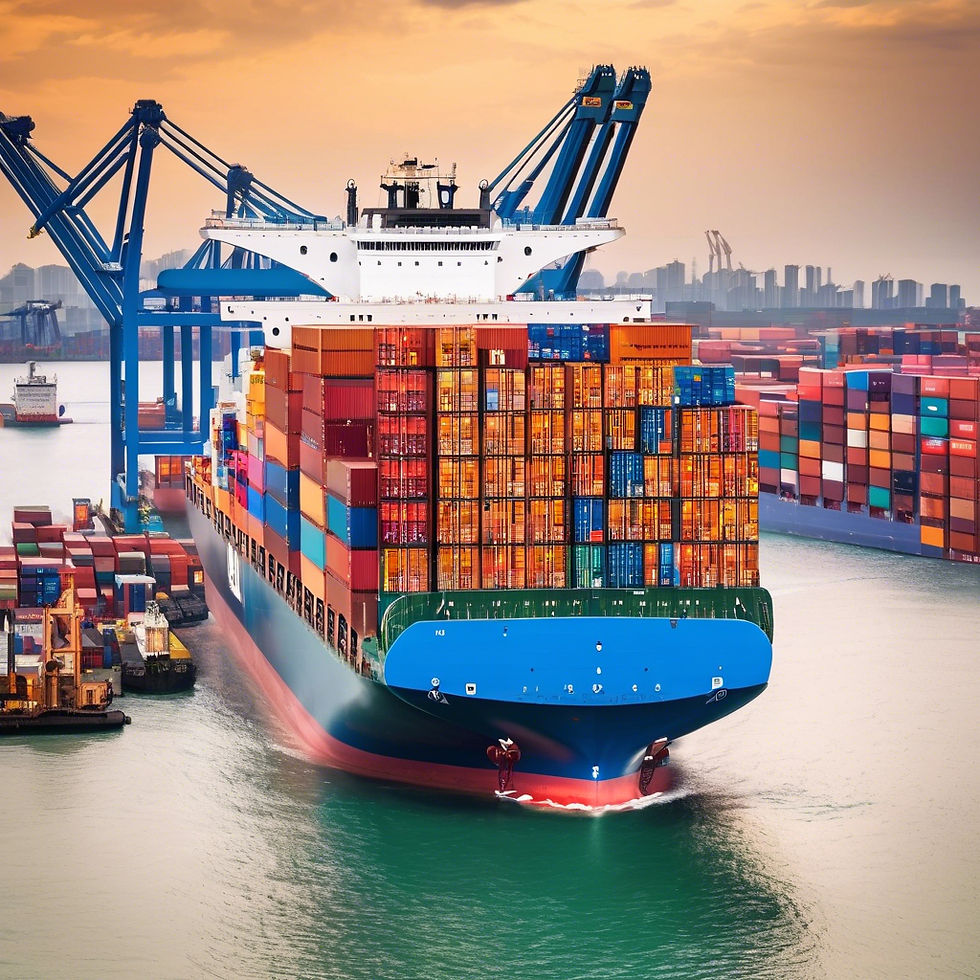 Massive cargo ship at a bustling port with colorful stacked containers being loaded by cra