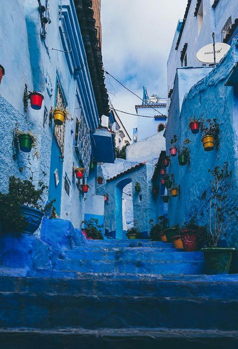 Blue Chefchaouen alleyway, vibrant flowers, VoyageVista